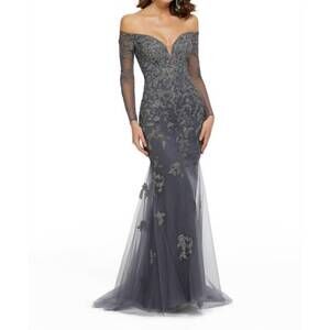 NEW MGNY metallic lace trumpet dress in charcoal